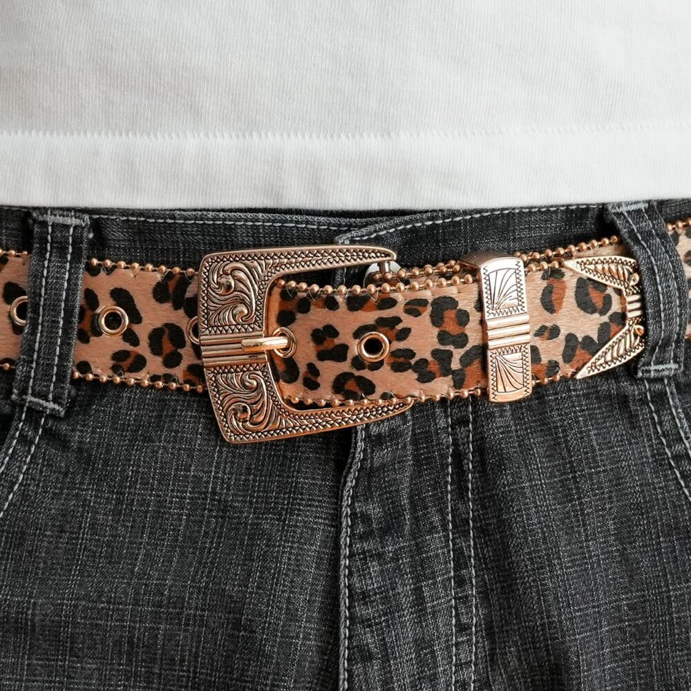 y2k gold western buckle leopard print belt — boho glam style